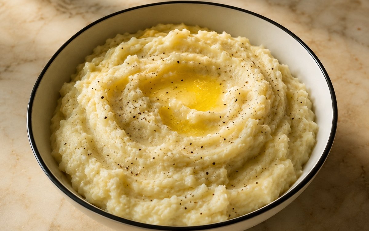 Creamy classic mashed potatoes in a white bowl with melted butter on top and fresh herbs