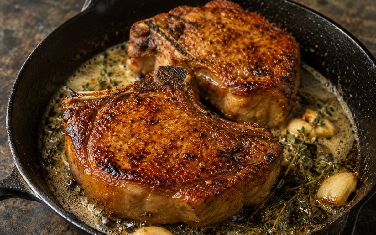 Classic pork chops with deep golden crust topped with browned butter, garlic, and thyme