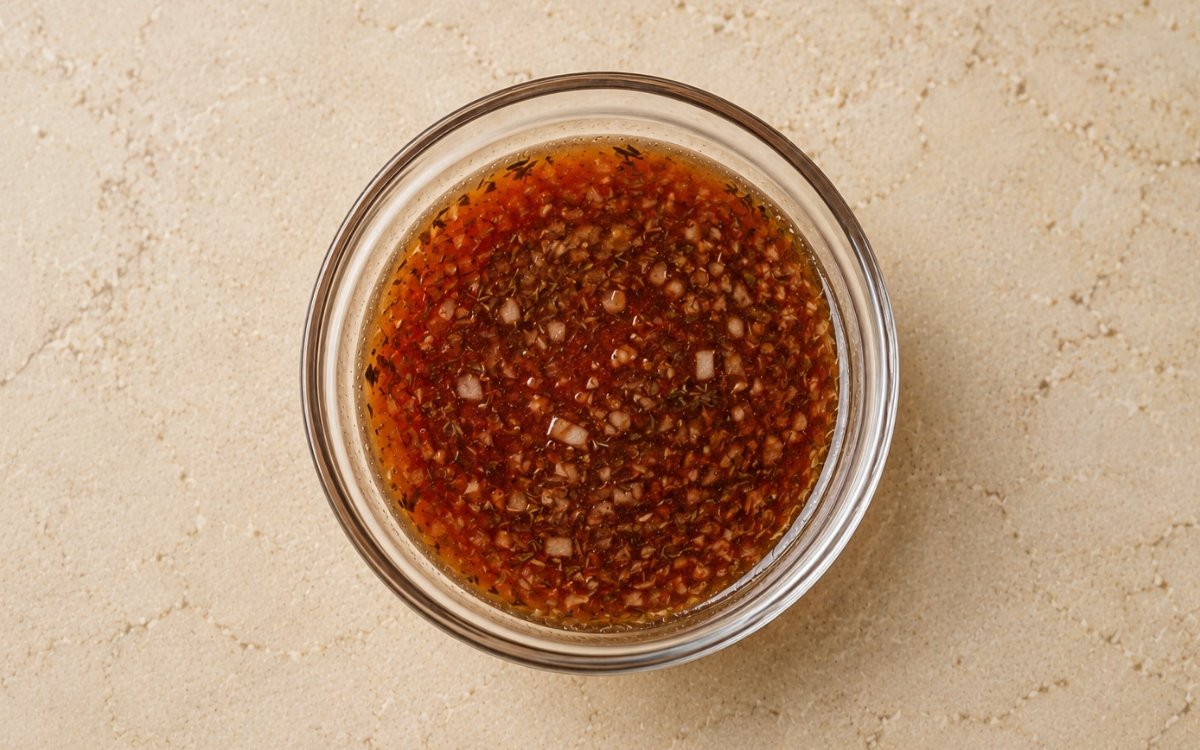 Classic red wine vinaigrette in a small glass jar showing amber-toned dressing with visible shallot flecks