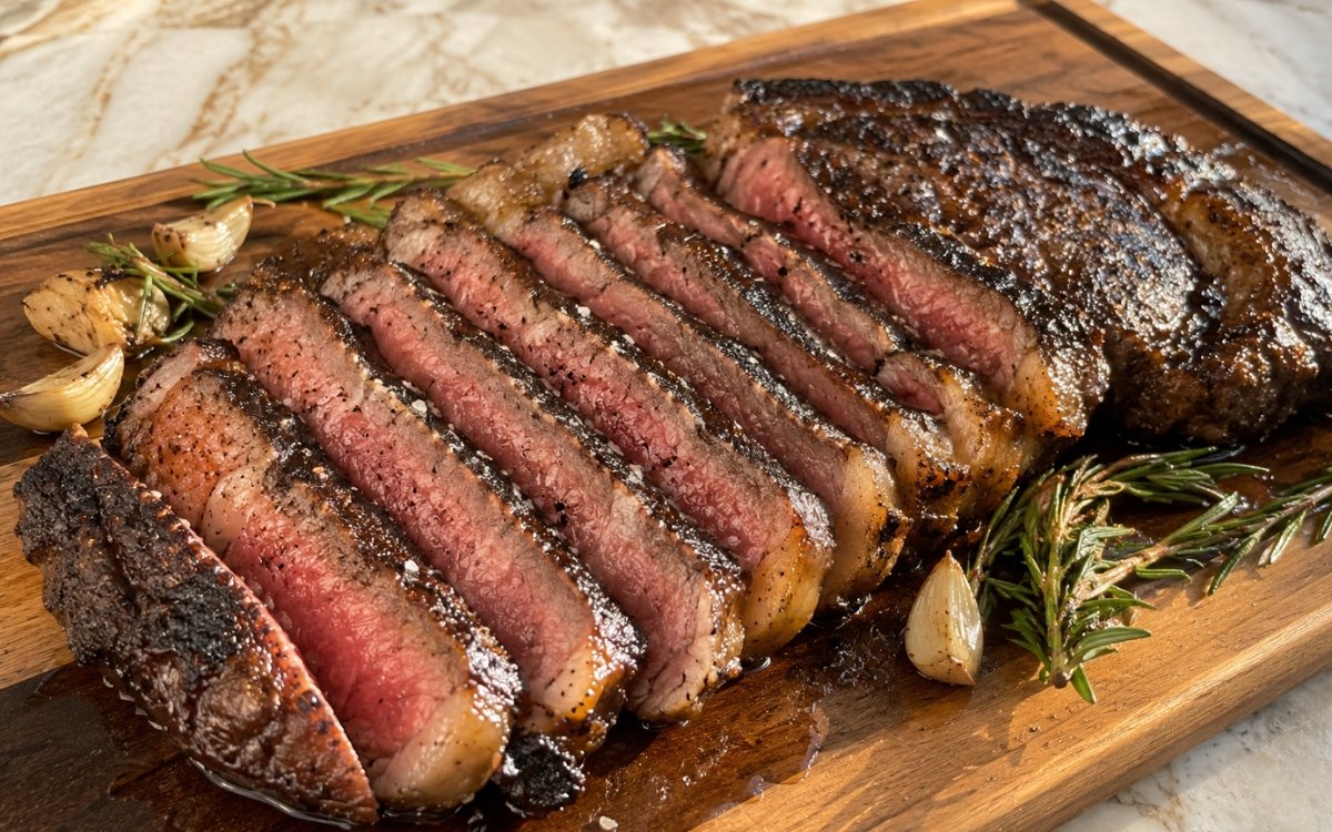 Classic ribeye steak sliced against the grain showing a deeply caramelized crust and buttery interior