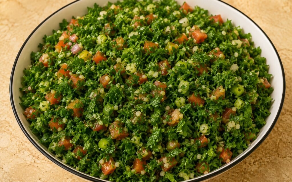 Bowl of classic tabbouleh salad with fresh parsley, tomatoes, bulgur wheat, and lemon dressing