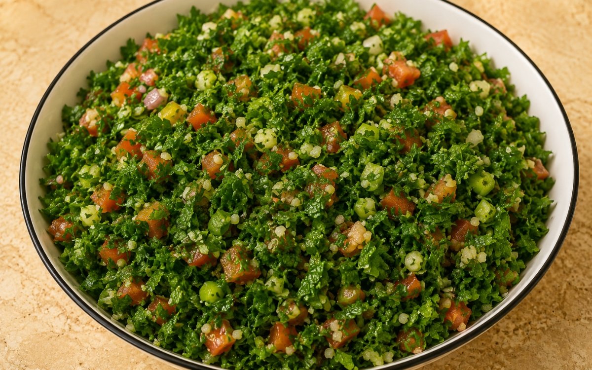 Bowl of classic tabbouleh salad with fresh parsley, tomatoes, bulgur wheat, and lemon dressing