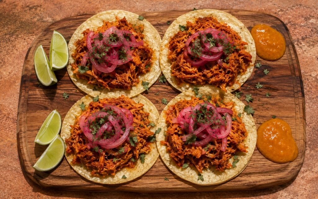 Cochinita pibil tacos on small corn tortillas showing deep orange-red pulled pork topped with vivid pink pickled red onion and fresh cilantro, beside a small bowl of habanero salsa on marble surface