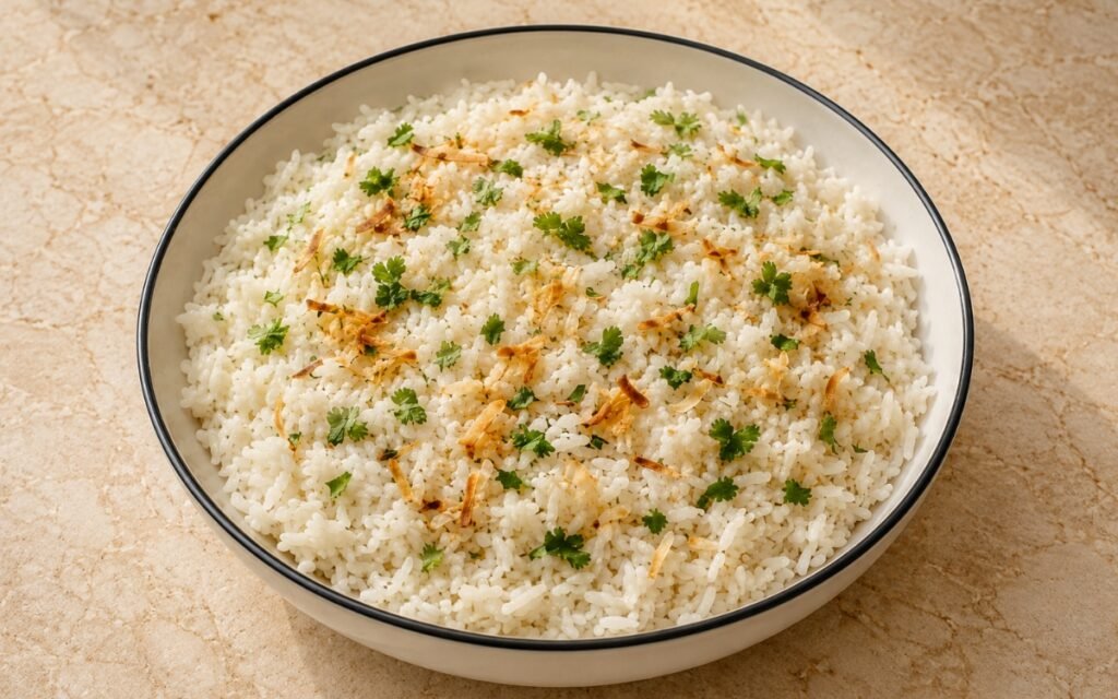 Coconut rice fluffy and garnished with toasted coconut and cilantro