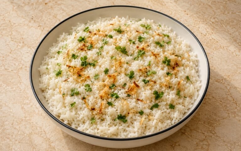 Coconut rice fluffy and garnished with toasted coconut and cilantro