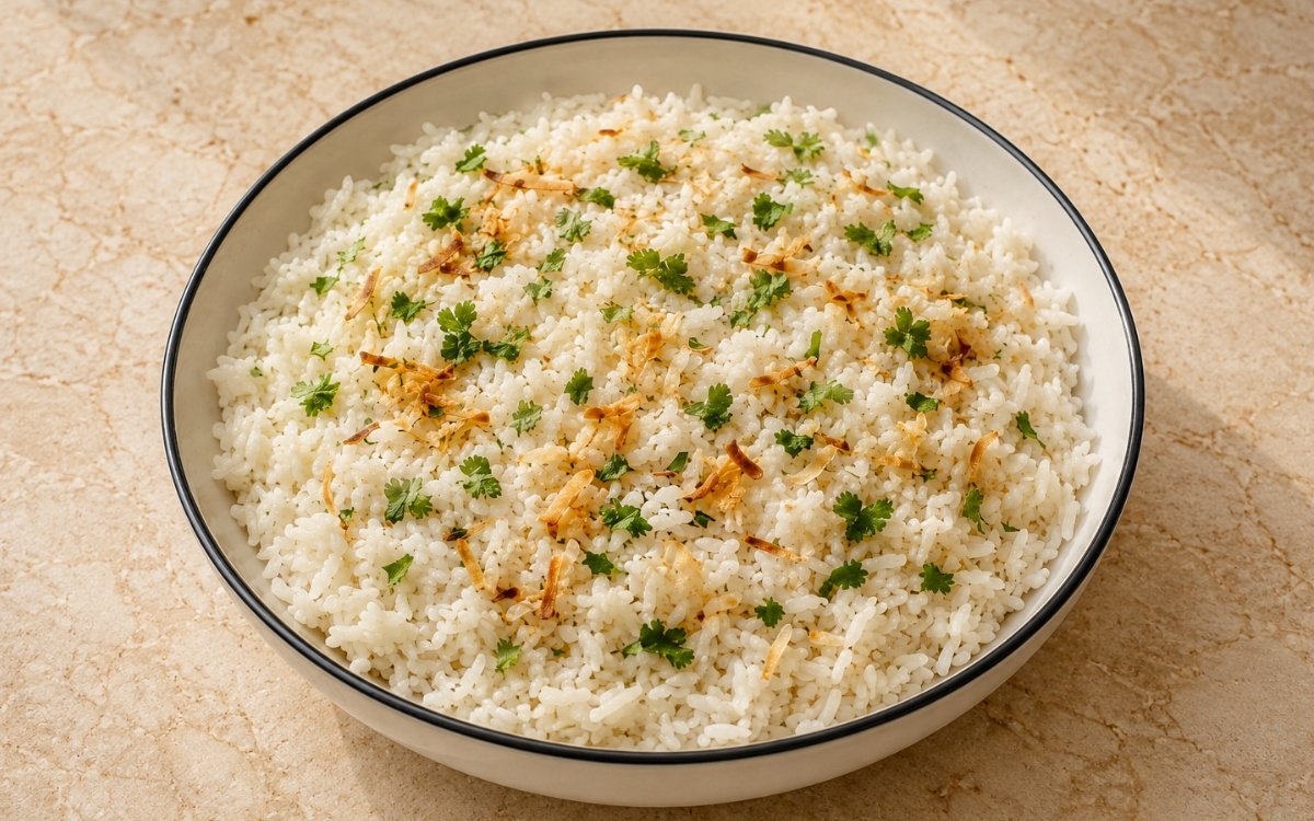 Coconut rice fluffy and garnished with toasted coconut and cilantro