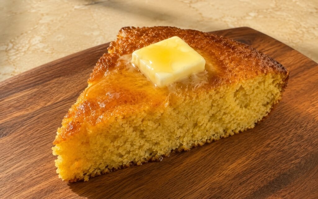 Golden skillet cornbread sliced into wedges showing a crisp browned crust and moist tender interior, served with melting butter in a cast iron skillet on marble surface