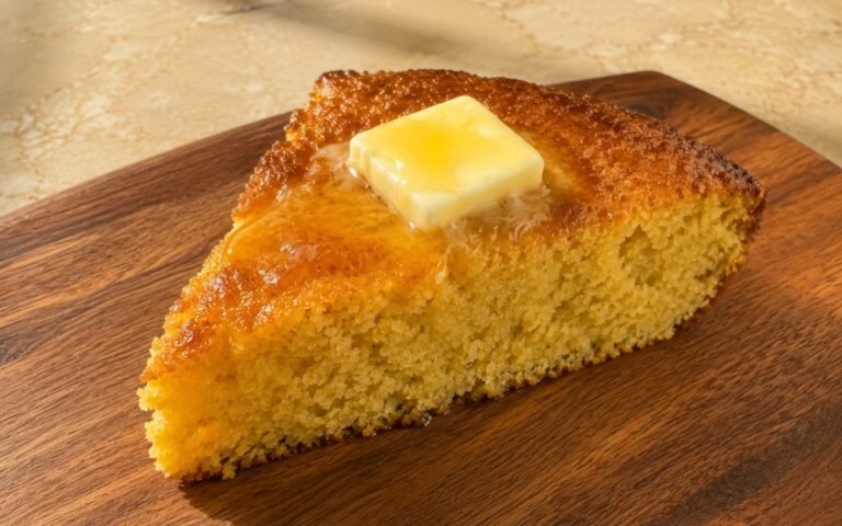 Golden skillet cornbread sliced into wedges showing a crisp browned crust and moist tender interior, served with melting butter in a cast iron skillet on marble surface