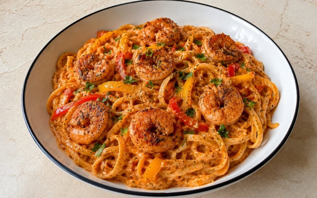 Creamy Cajun shrimp pasta with linguine in vivid orange-red Cajun cream sauce, Cajun-seasoned shrimp, red and yellow bell peppers and fresh parsley in a white ceramic bowl with black rim
