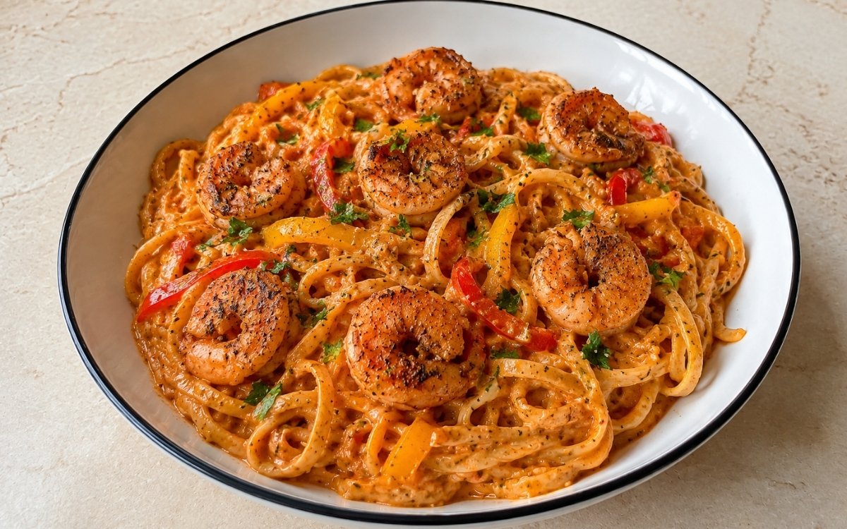 Creamy Cajun shrimp pasta with linguine in vivid orange-red Cajun cream sauce, Cajun-seasoned shrimp, red and yellow bell peppers and fresh parsley in a white ceramic bowl with black rim