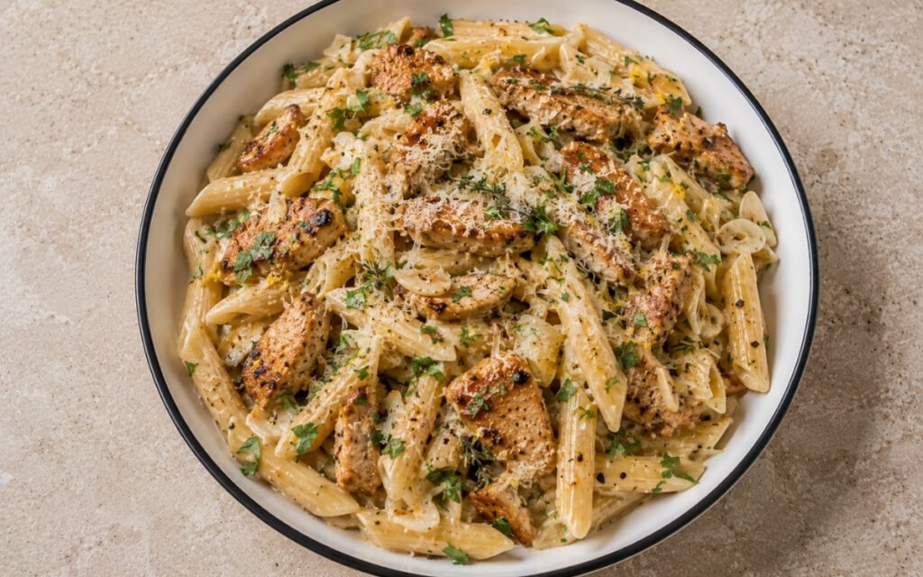 Creamy chicken garlic Parmesan pasta with penne in pale golden Parmigiano-cream sauce, seared chicken thighs, sliced garlic, fresh thyme, parsley and lemon zest in a white ceramic bowl with black rim