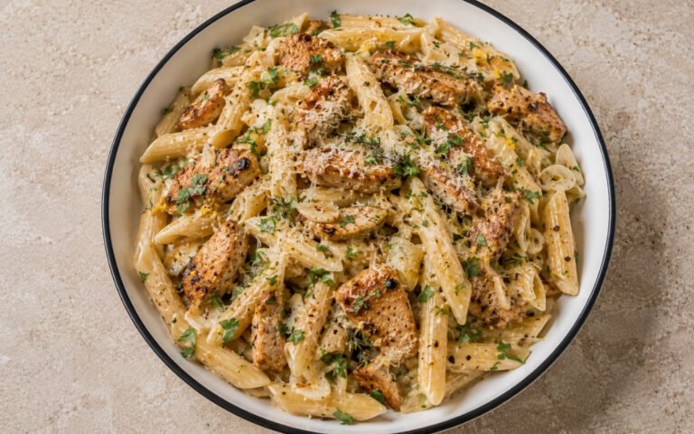 Creamy chicken garlic Parmesan pasta with penne in pale golden Parmigiano-cream sauce, seared chicken thighs, sliced garlic, fresh thyme, parsley and lemon zest in a white ceramic bowl with black rim