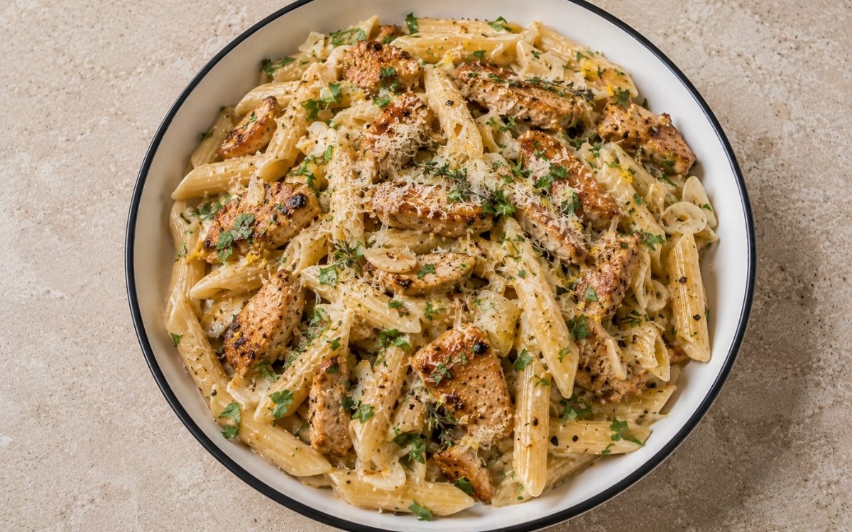 Creamy chicken garlic Parmesan pasta with penne in pale golden Parmigiano-cream sauce, seared chicken thighs, sliced garlic, fresh thyme, parsley and lemon zest in a white ceramic bowl with black rim