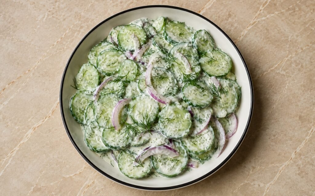 Bowl of creamy cucumber salad with fresh dill and red onions on a white plate