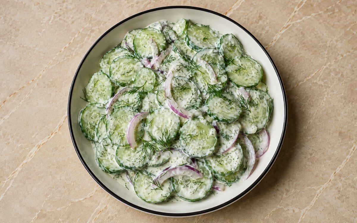 Bowl of creamy cucumber salad with fresh dill and red onions on a white plate