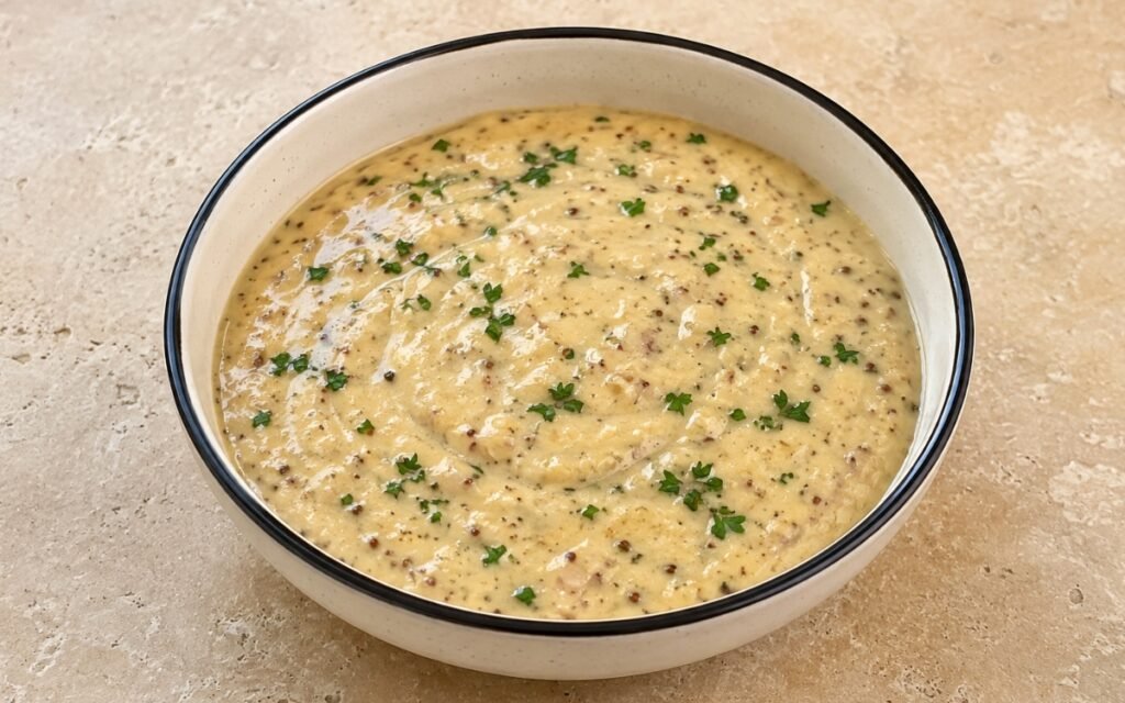Creamy beige Dijon mustard sauce white ceramic bowl and herbs