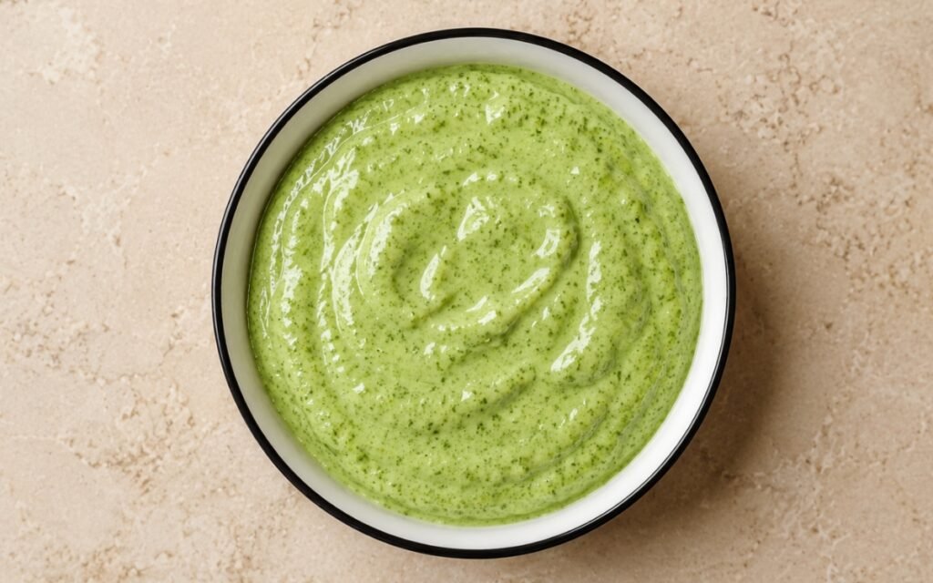 Bright green herb dressing in ceramic bowl with fresh herbs scattered around