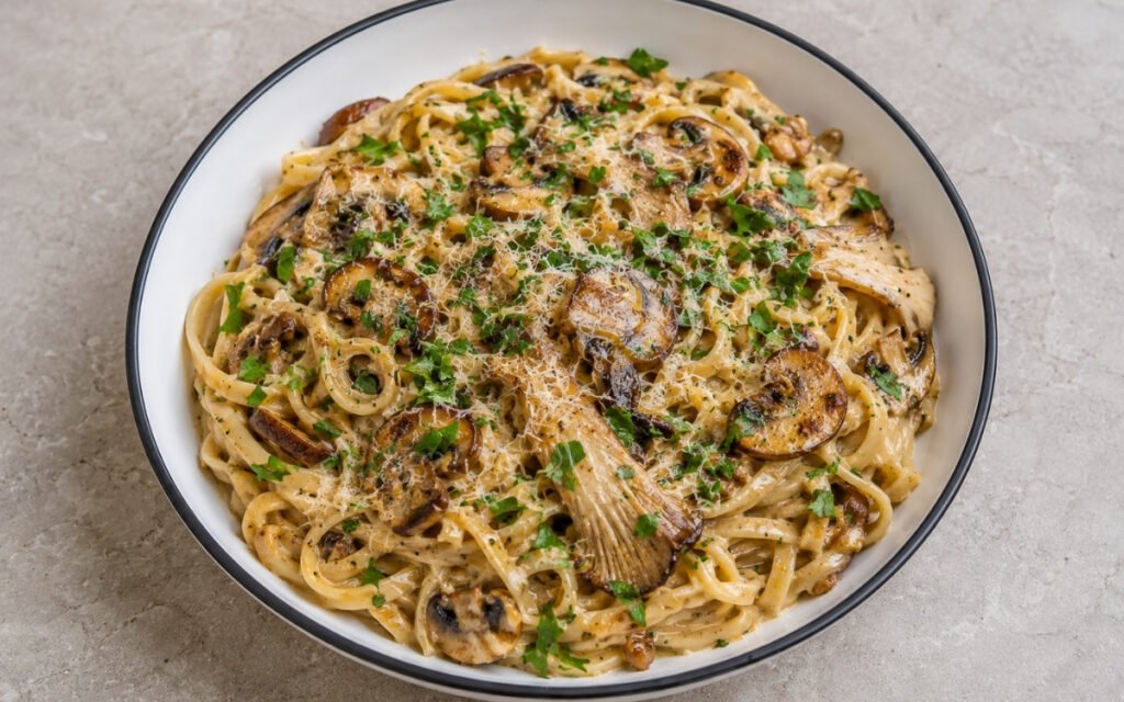 Creamy mushroom garlic pasta with pappardelle in pale amber cream sauce with golden-brown cremini, shiitake and oyster mushrooms, garlic, fresh parsley and Parmigiano-Reggiano in a white ceramic bowl with black rim