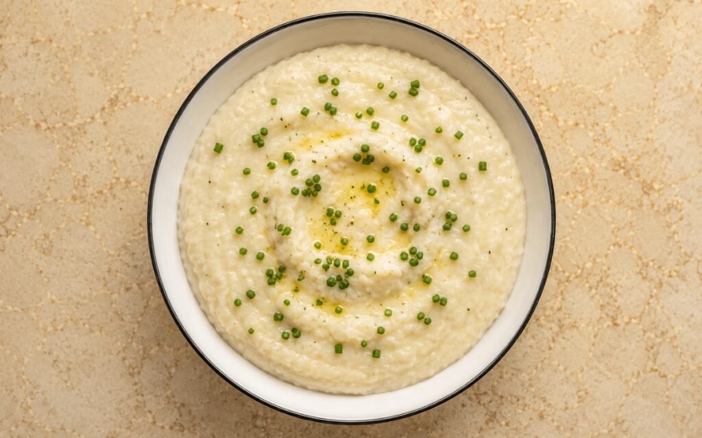 Creamy Parmesan grits velvety and golden garnished with fresh chives