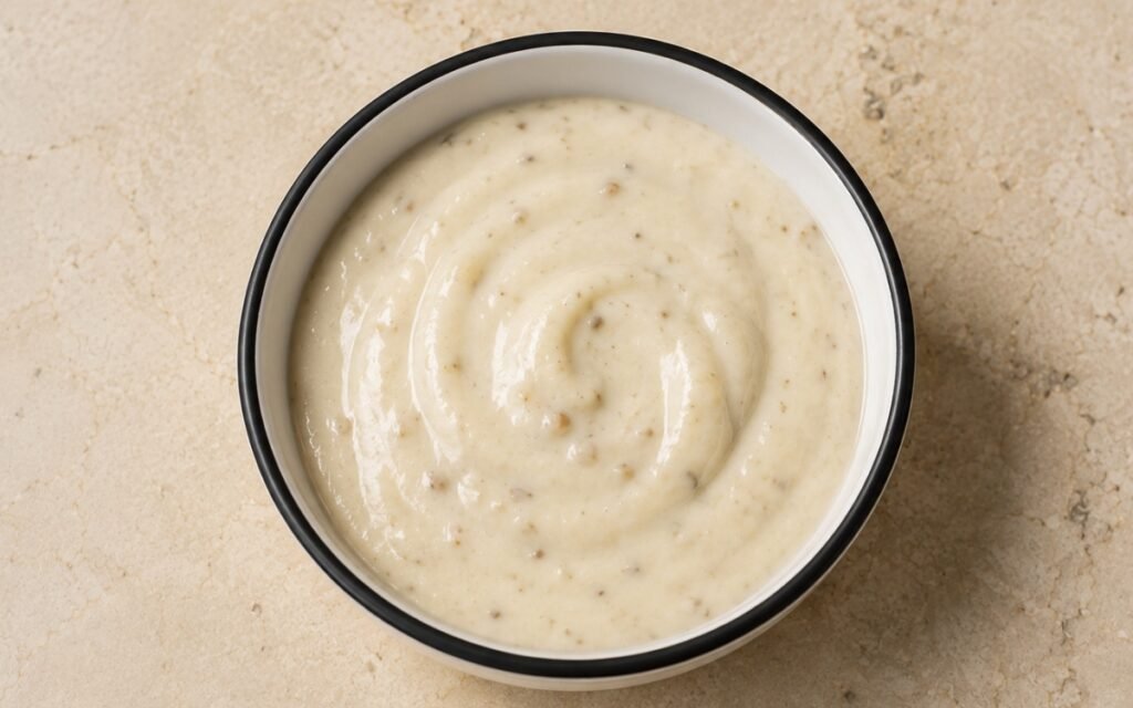 Creamy roasted garlic sauce in a white bowl with roasted garlic cloves beside it, showing smooth pale consistency