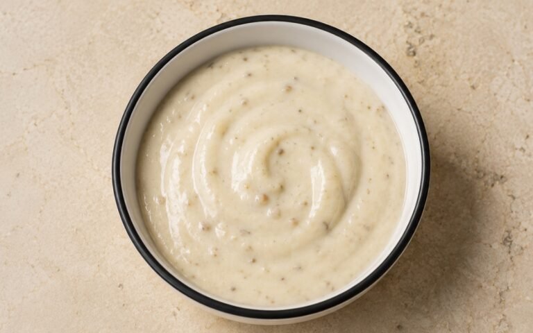 Creamy roasted garlic sauce in a white bowl with roasted garlic cloves beside it, showing smooth pale consistency