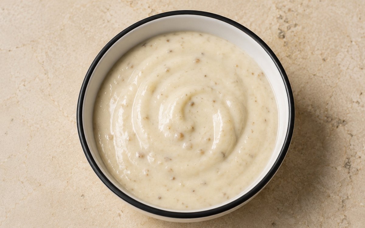 Creamy roasted garlic sauce in a white bowl with roasted garlic cloves beside it, showing smooth pale consistency