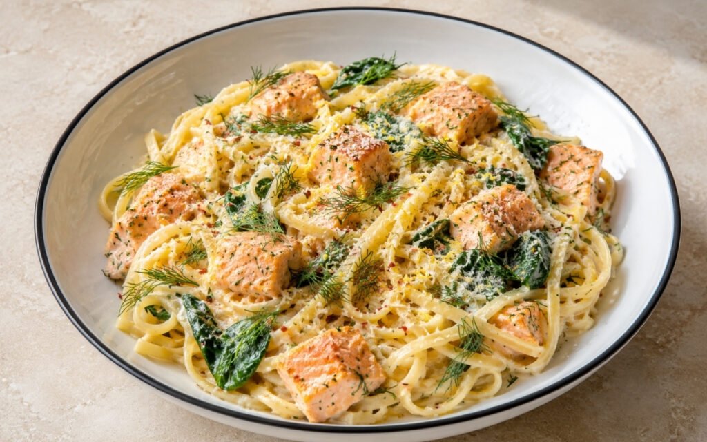 Creamy salmon pasta with fettuccine in pale ivory lemon-dill cream sauce, seared pink salmon cubes, wilted spinach, fresh dill fronds and Parmesan in a white ceramic bowl with black rim
