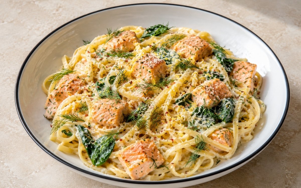 Creamy salmon pasta with fettuccine in pale ivory lemon-dill cream sauce, seared pink salmon cubes, wilted spinach, fresh dill fronds and Parmesan in a white ceramic bowl with black rim