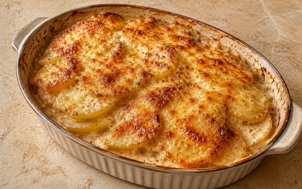 Creamy scalloped potatoes golden and bubbling in a baking dish