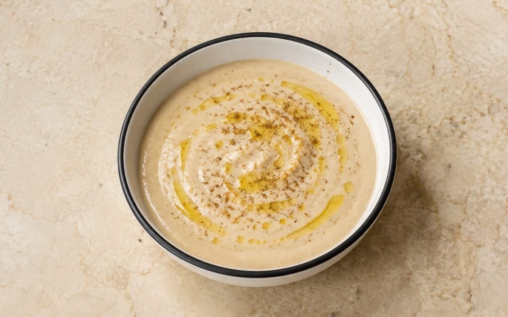 Creamy tahini lemon sauce in a white bowl with a spoon, showing smooth pourable consistency with olive oil drizzle on top