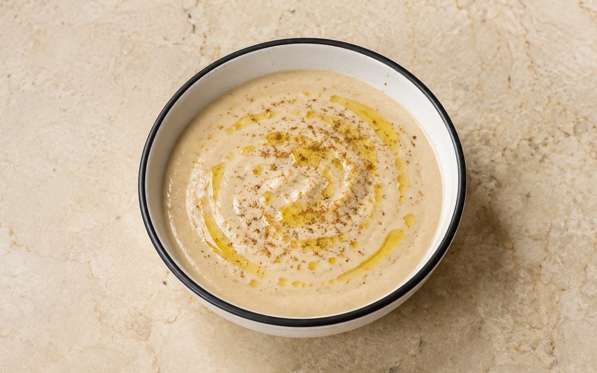 Creamy tahini lemon sauce in a white bowl with a spoon, showing smooth pourable consistency with olive oil drizzle on top