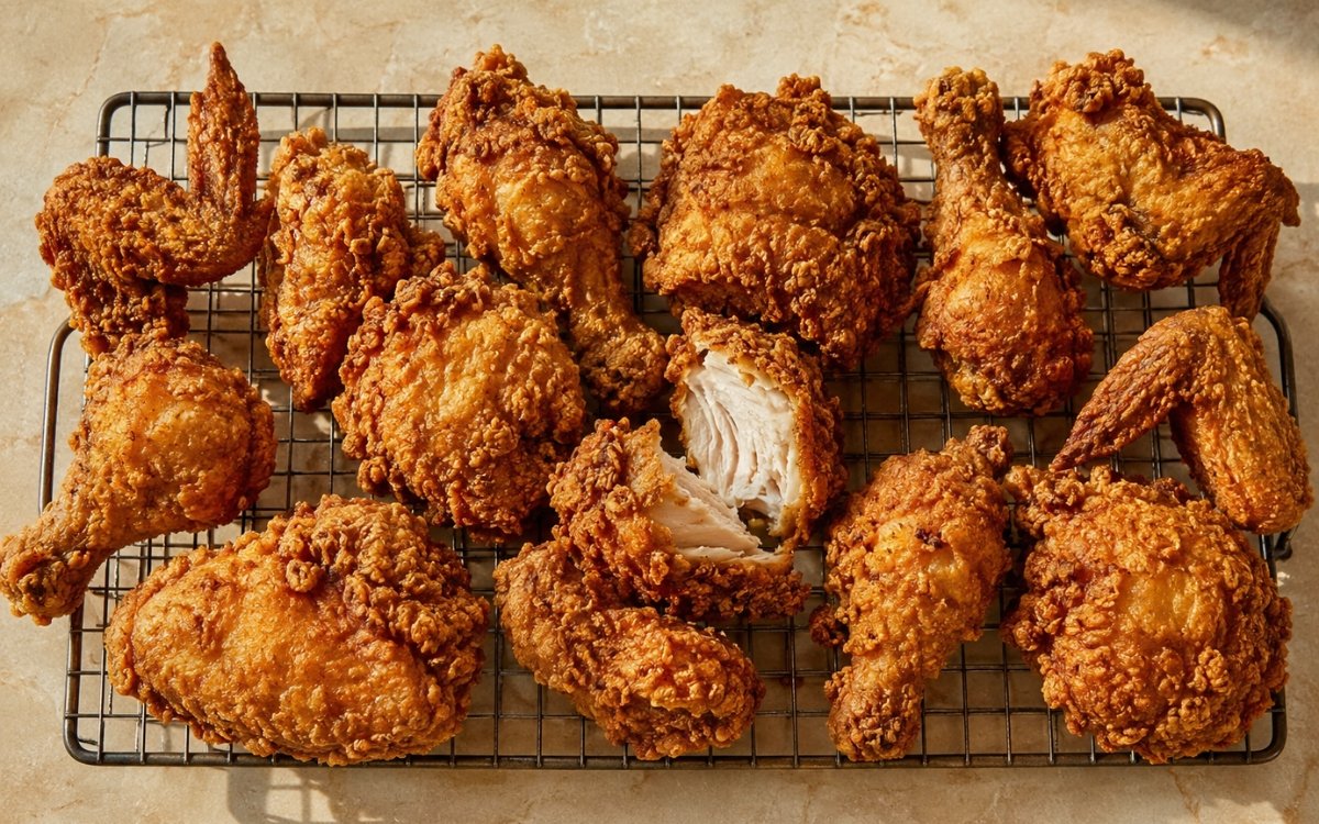 Golden-brown, extra-craggy fried chicken pieces piled on a wire rack showing thick, rough, deeply crisp crust on marble surface