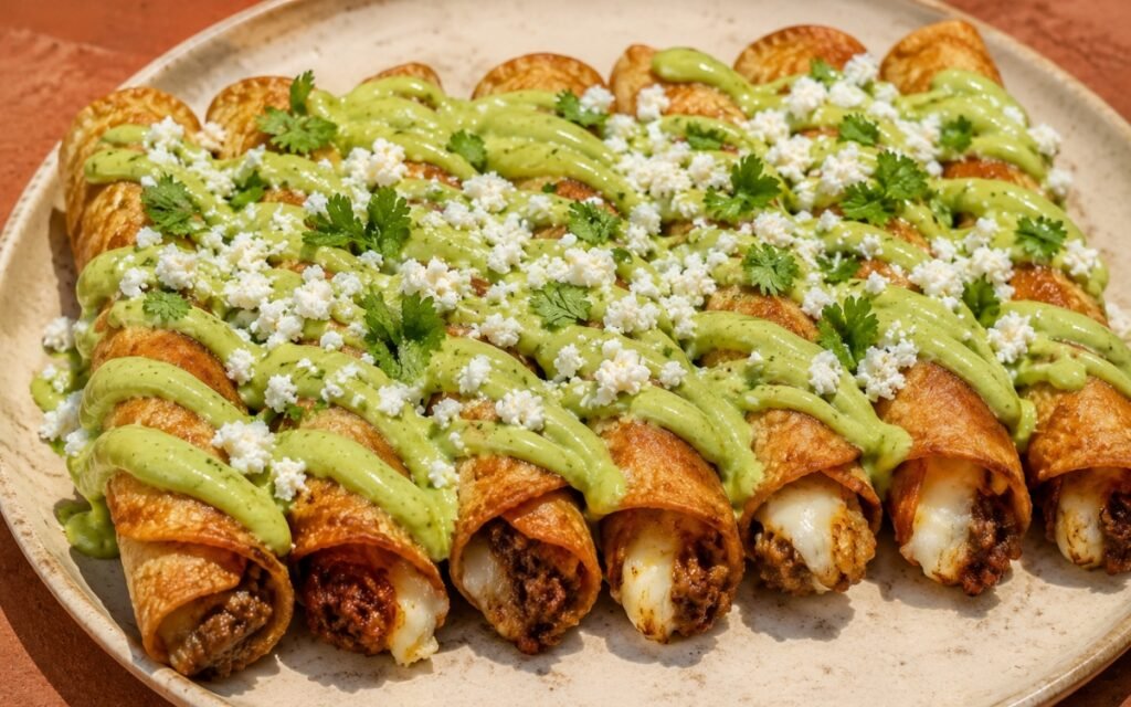 Crispy golden beef taquitos arranged on a plate, drizzled with thick creamy avocado sauce and topped with crumbled queso fresco and fresh cilantro on marble surface