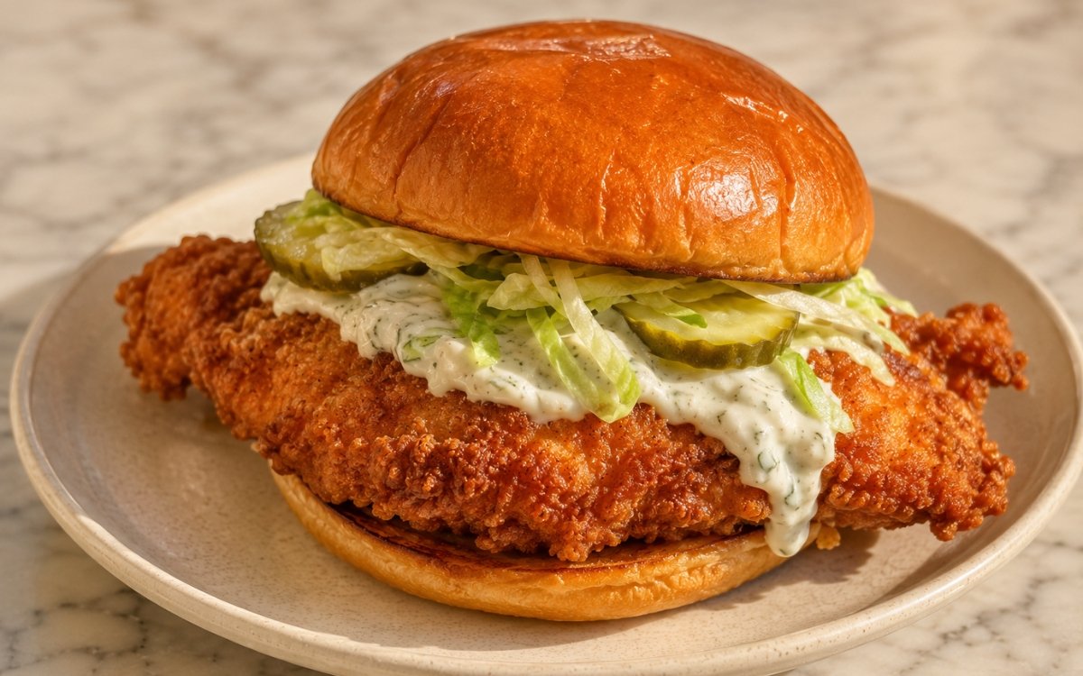 Crispy fish sandwich showing a golden beer-battered cod fillet extending past a soft brioche bun with tartar sauce, lettuce, and pickle slices on marble surface
