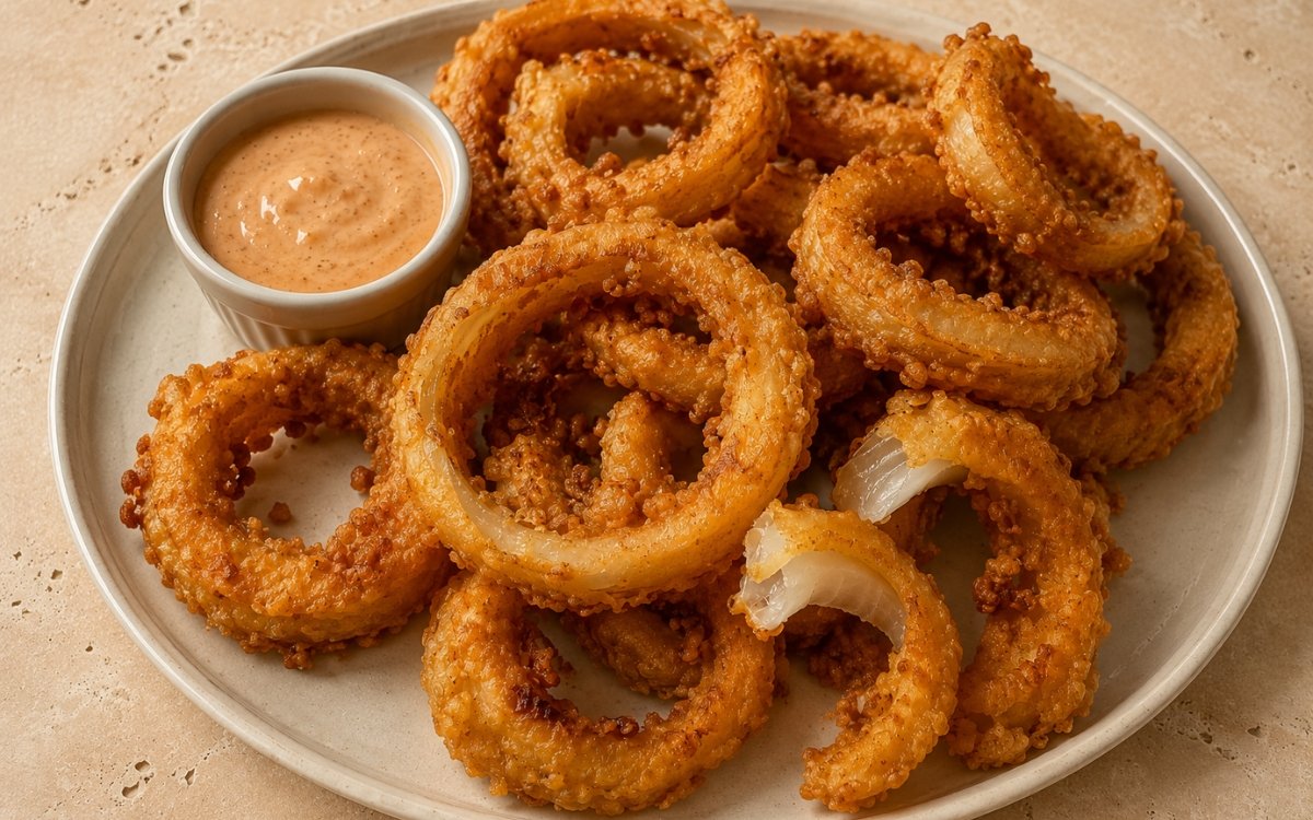 Homemade onion rings piled on parchment paper showing golden, crunchy panko-coated rings with a small bowl of spicy dipping sauce on marble surface