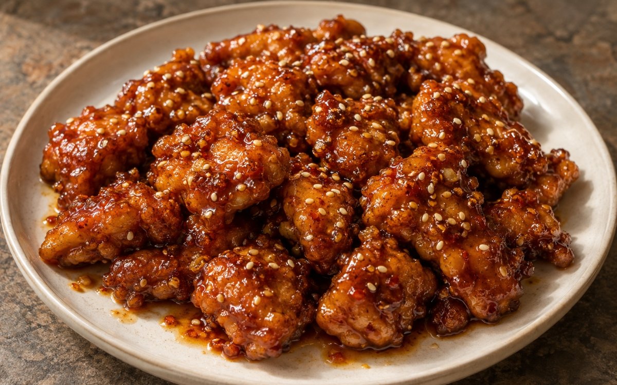 Crispy honey garlic chicken glazed and garnished with sesame seeds
