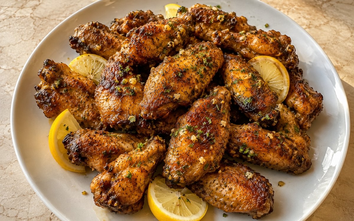 Crispy chicken wings tossed in glossy lemon-garlic butter sauce with visible minced garlic and lemon zest, garnished with parsley and lemon wedges on marble surface