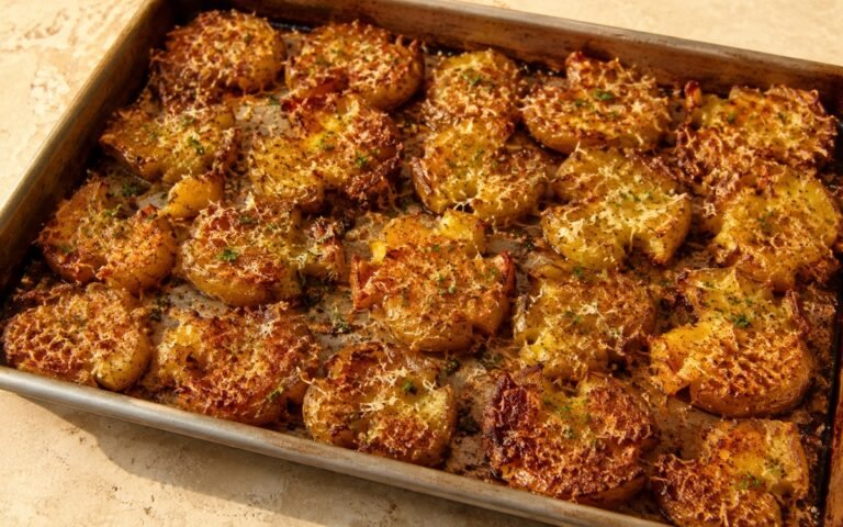 Golden crispy smashed potatoes with melted Parmesan cheese and fresh parsley on top