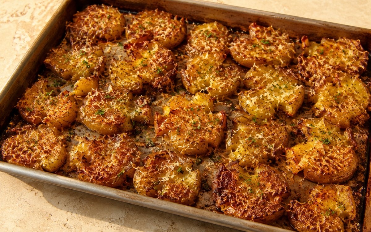 Golden crispy smashed potatoes with melted Parmesan cheese and fresh parsley on top