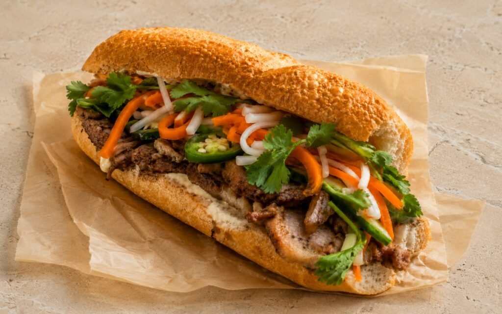 Crispy pork bánh mì sandwich showing crackling pork belly with pickled carrot and daikon, cucumber, and fresh cilantro in a crusty baguette on marble surface