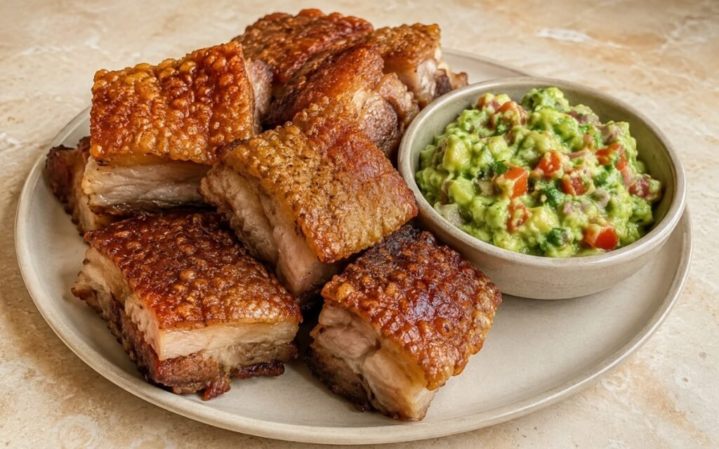 Crispy pork belly chicharrón pieces showing blistered golden skin over tender meat, served beside a bowl of chunky guacamole with visible tomato and onion on marble surface