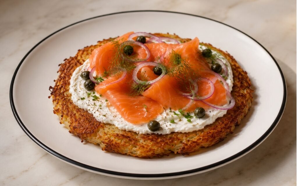 Crispy potato galette on a plate showing deeply golden pressed potato base topped with crème fraîche, folded smoked salmon, capers, soaked red onion, and fresh dill sprigs on marble surface