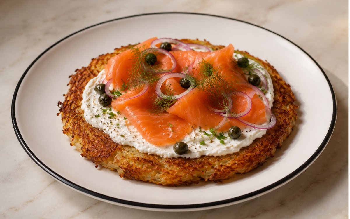 Crispy potato galette on a plate showing deeply golden pressed potato base topped with crème fraîche, folded smoked salmon, capers, soaked red onion, and fresh dill sprigs on marble surface