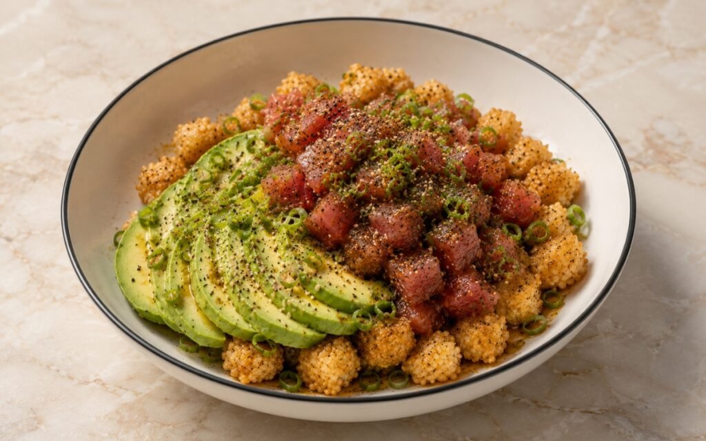 Crispy rice salad in a shallow bowl showing golden baked sushi rice pieces topped with soy-marinated tuna cubes, sliced avocado, scallions, and sesame marinade drizzle on marble surface