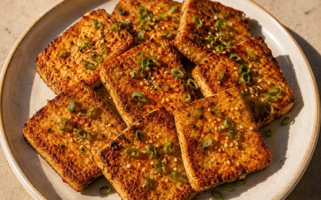 Crispy tofu steaks with a golden cornstarch crust garnished with sesame seeds and scallions