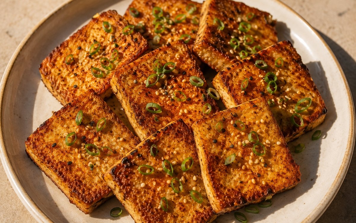 Crispy tofu steaks with a golden cornstarch crust garnished with sesame seeds and scallions
