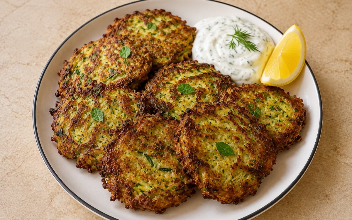 Crispy zucchini fritters golden and served with sour cream and lemon wedges