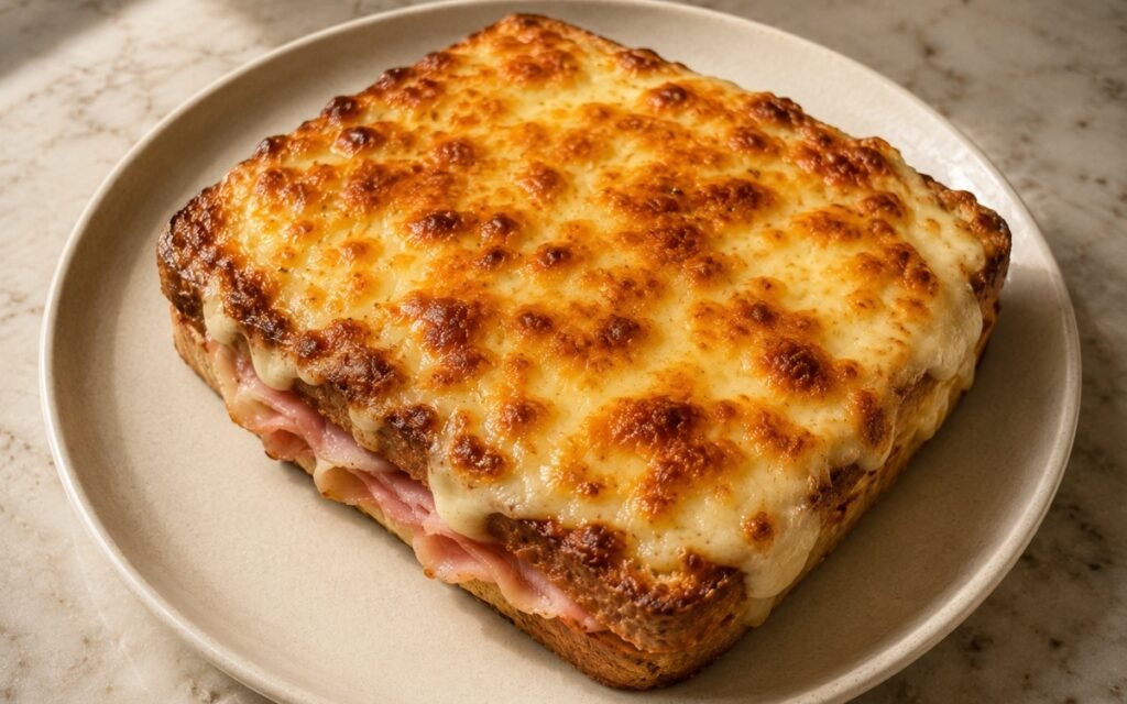 Croque monsieur showing a bubbling golden-brown béchamel and Gruyère crust over ham and crisp griddled bread on marble surface