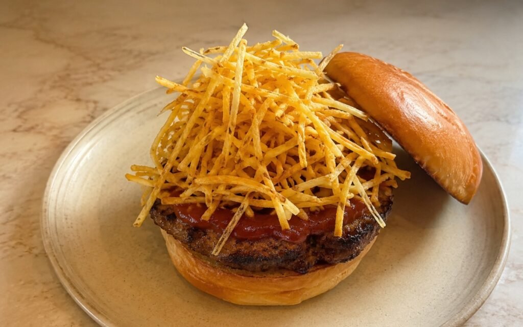 Cuban frita burger showing a deeply seared paprika-red chorizo-beef patty topped with a tall pile of crispy golden shoestring potatoes on a toasted brioche bun on marble surface