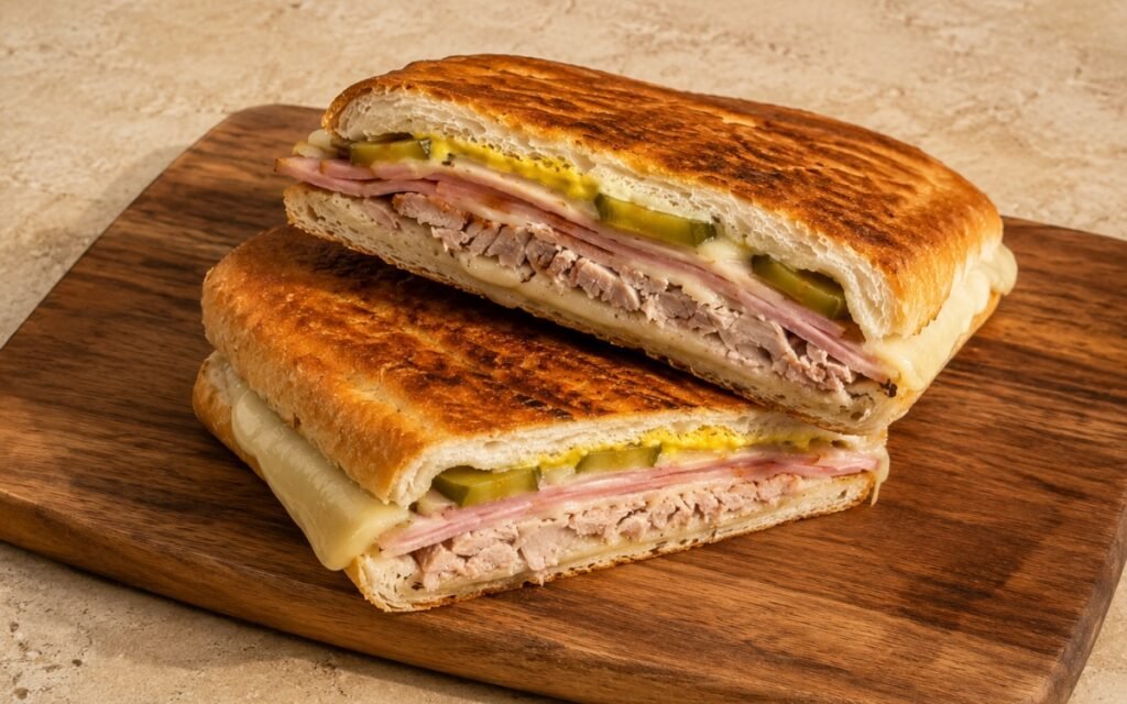 Pressed Cuban sandwich cut diagonally showing crisp golden bread, layered roast pork, smoked ham, melted Swiss cheese, and dill pickles in cross-section on marble surface